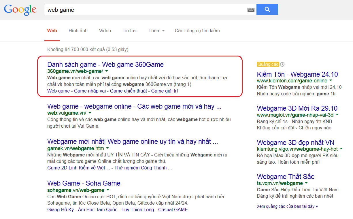 360game.vn ranks #1 for keyword "web game"